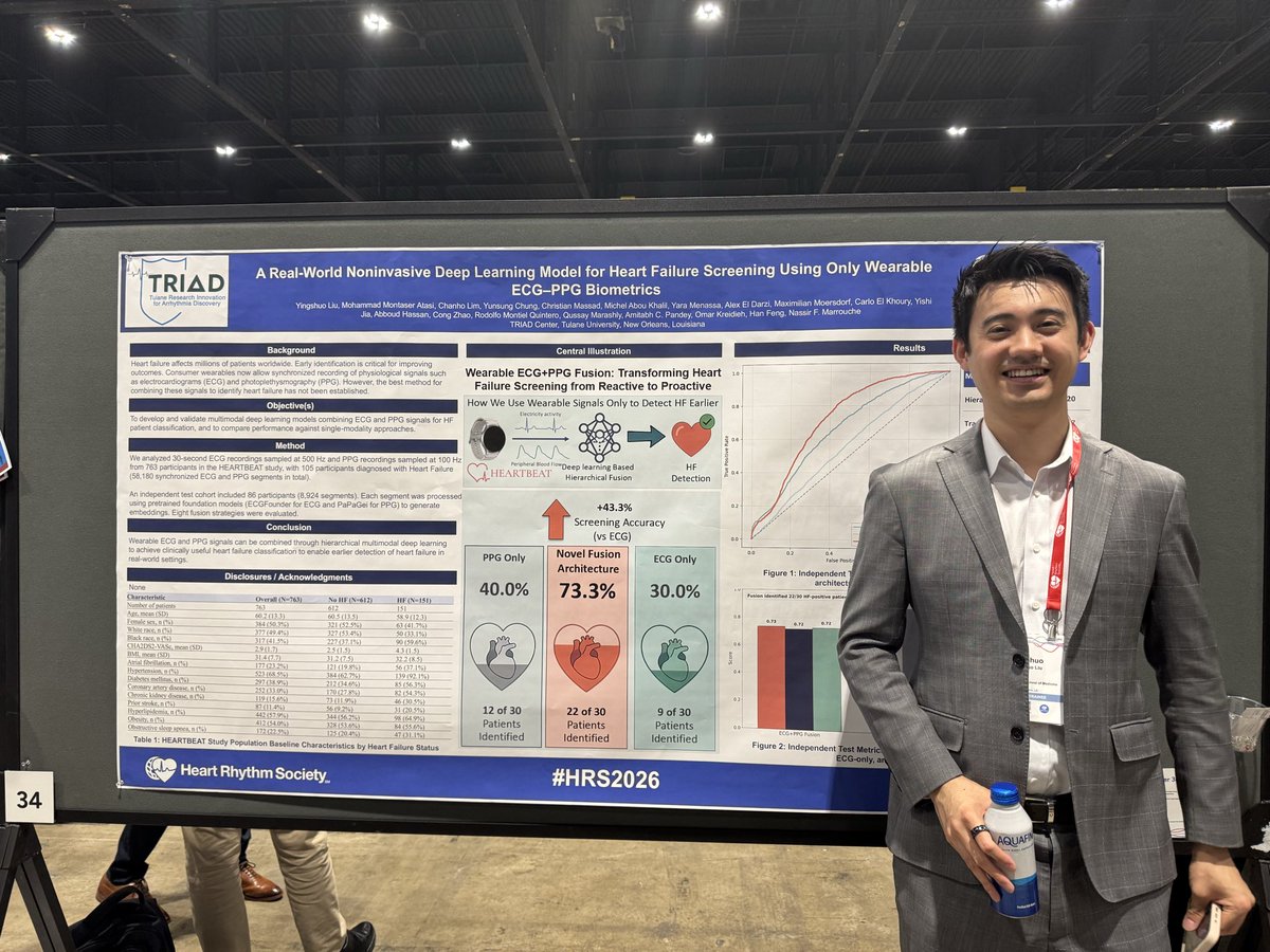 HanFengGHD's tweet photo. Brilliant work from @YingshuoL , our AI Lead at TRIAD, fusing ECG and PPG signals to improve heart failure screening in patient population.

Another exciting work from HEARTBEAT study using Samsung Watch data. One step closer to smarter, scalable screening with wearable devices. https://t.co/nSapUfqPuq