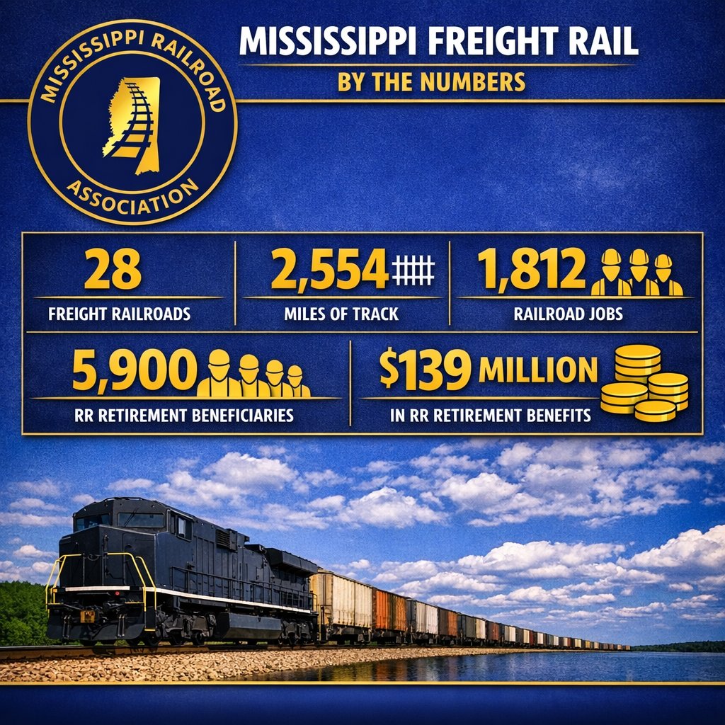 MSRailroads's tweet photo. Mississippi Freight Rail — By the Numbers 📊
Jobs.  High Wages.  Economic Impact.
Freight rail doesn't just move goods — it supports Mississippi families and communities. @mdaworks @MSBAInfo https://t.co/Zeb7p0Wu9W