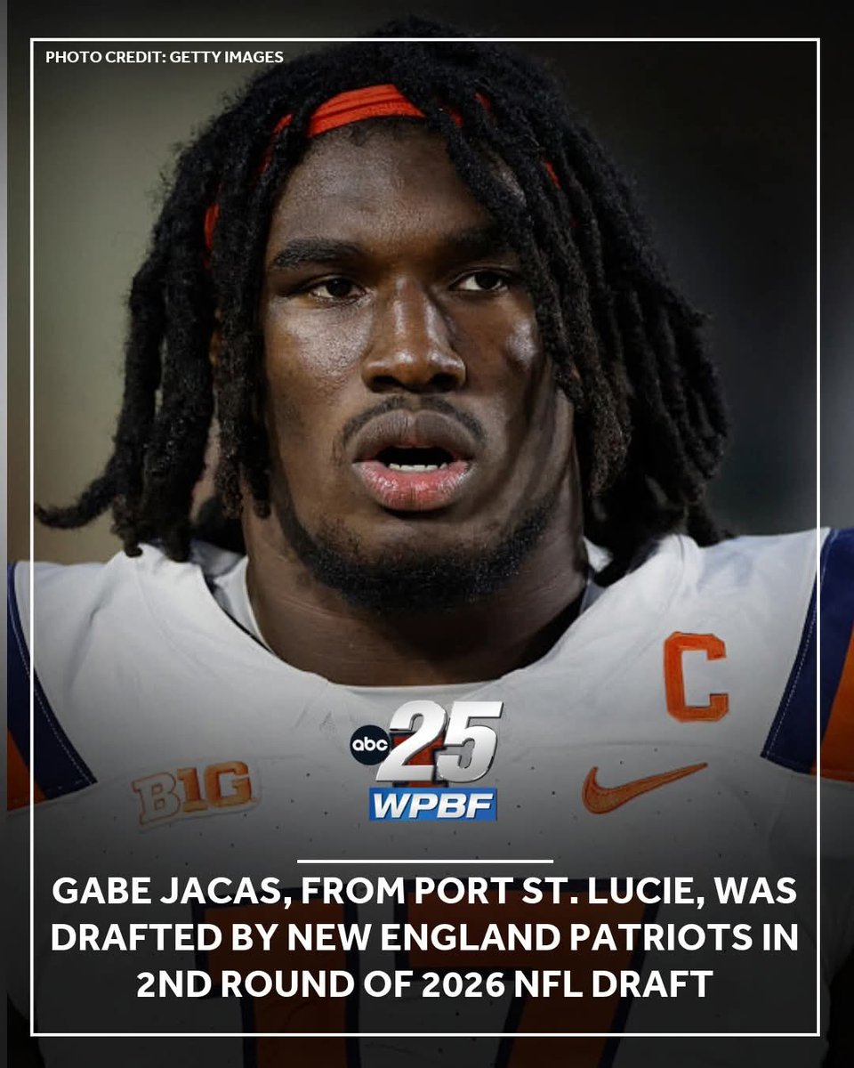 Gabe Jacas, from Port St. Lucie, was drafted by the New England Patriots in the second round of the 2026 NFL Draft on Friday. Jacas played football in high school at Fort Pierce Central and college at the University of Illinois. Details: wpbf.com/article/florid…
