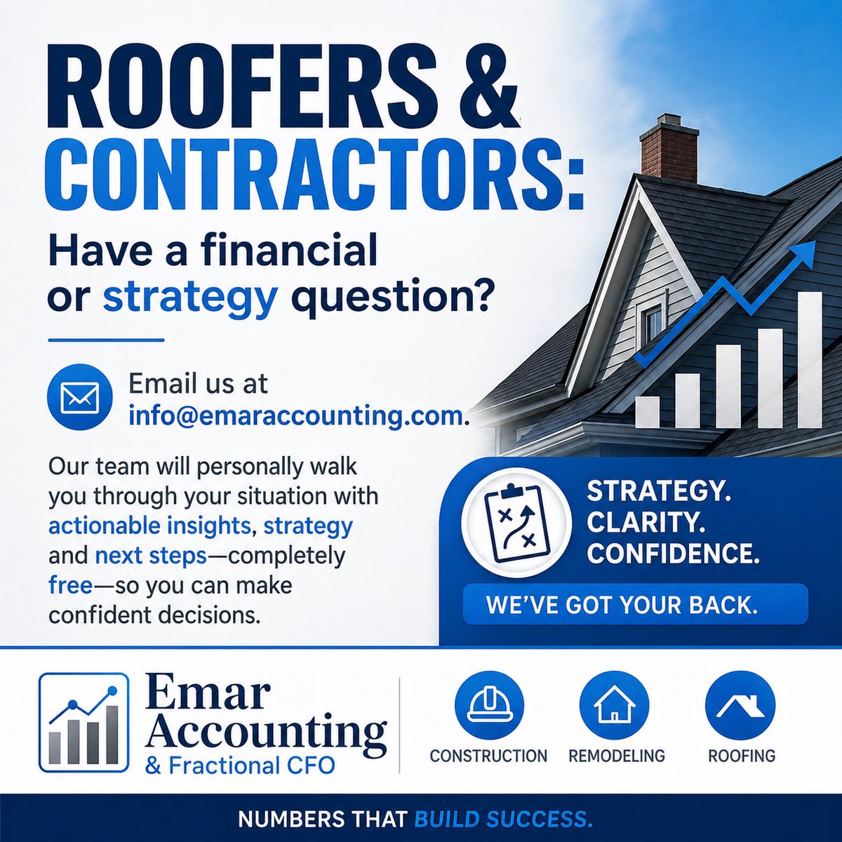 EmarAccounting's tweet photo. Roofers &amp; Contractors:

Have a financial or strategy question?

Email us at info@emaraccounting.com.
Our team will personally walk you through your situation with actionable insights, strategy and next steps—completely free—so you can make confident decisions.

#contractors #CFO https://t.co/NKl6Cm8ES1