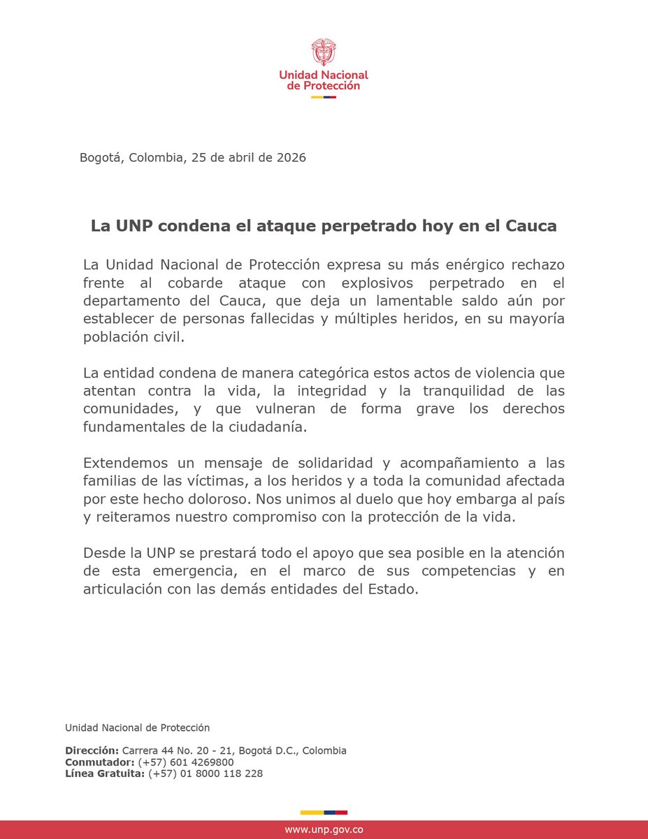 UNPColombia's tweet photo. #ComunicadoUNP https://t.co/LP7Zmavu2O