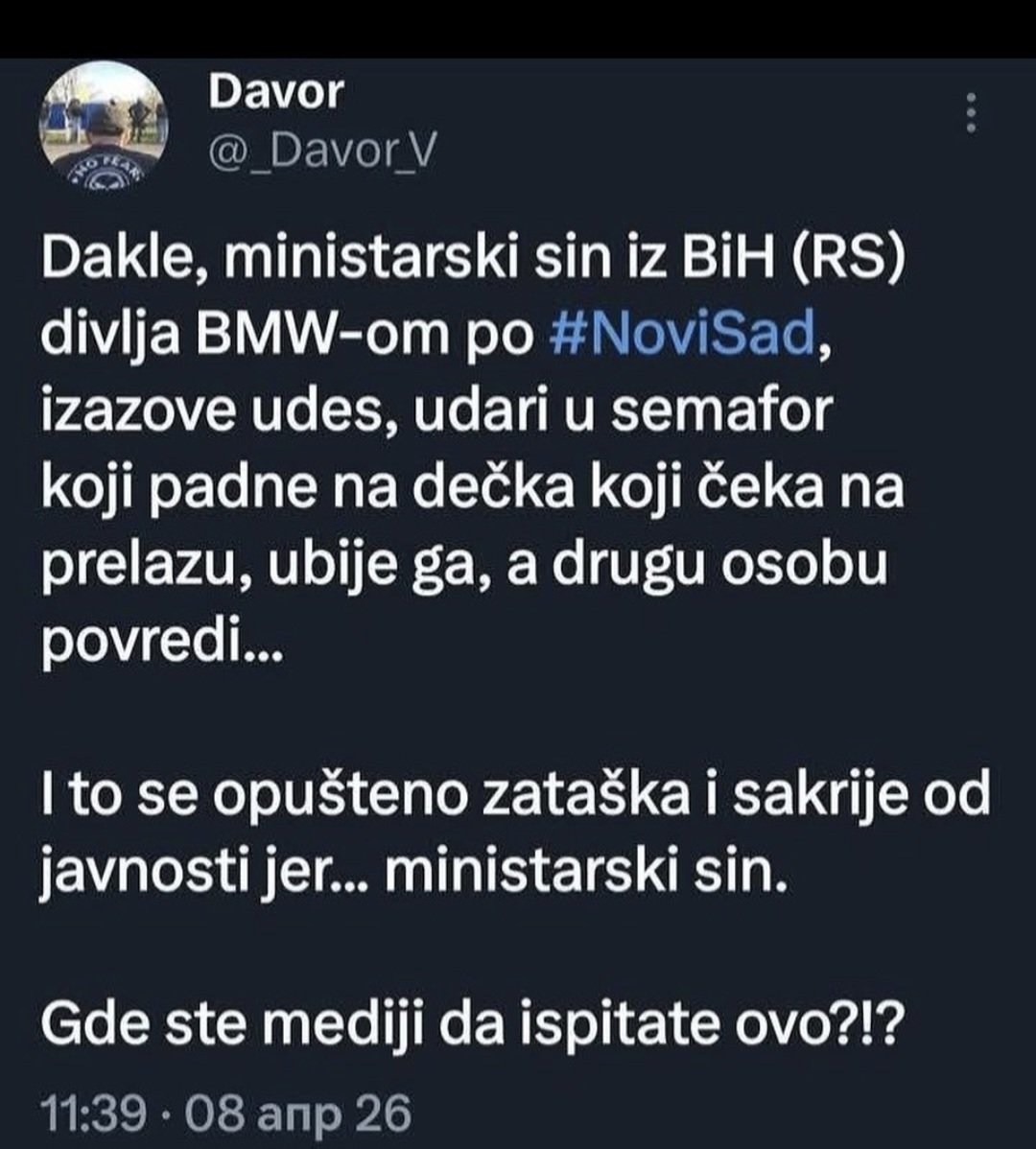 Ja verujem da je ovo istina, jer ni do dan danas niko nije uhapšen za ovo ubistvo, bukvalno su sve zataškali i bukvalno nema niti jedan snimak kamere , nema dnk sa lica mesta nema ničeg.
Ima mup novu Dijanu koja radi na sklanjanju dokaza jer...ministarski sin je to.