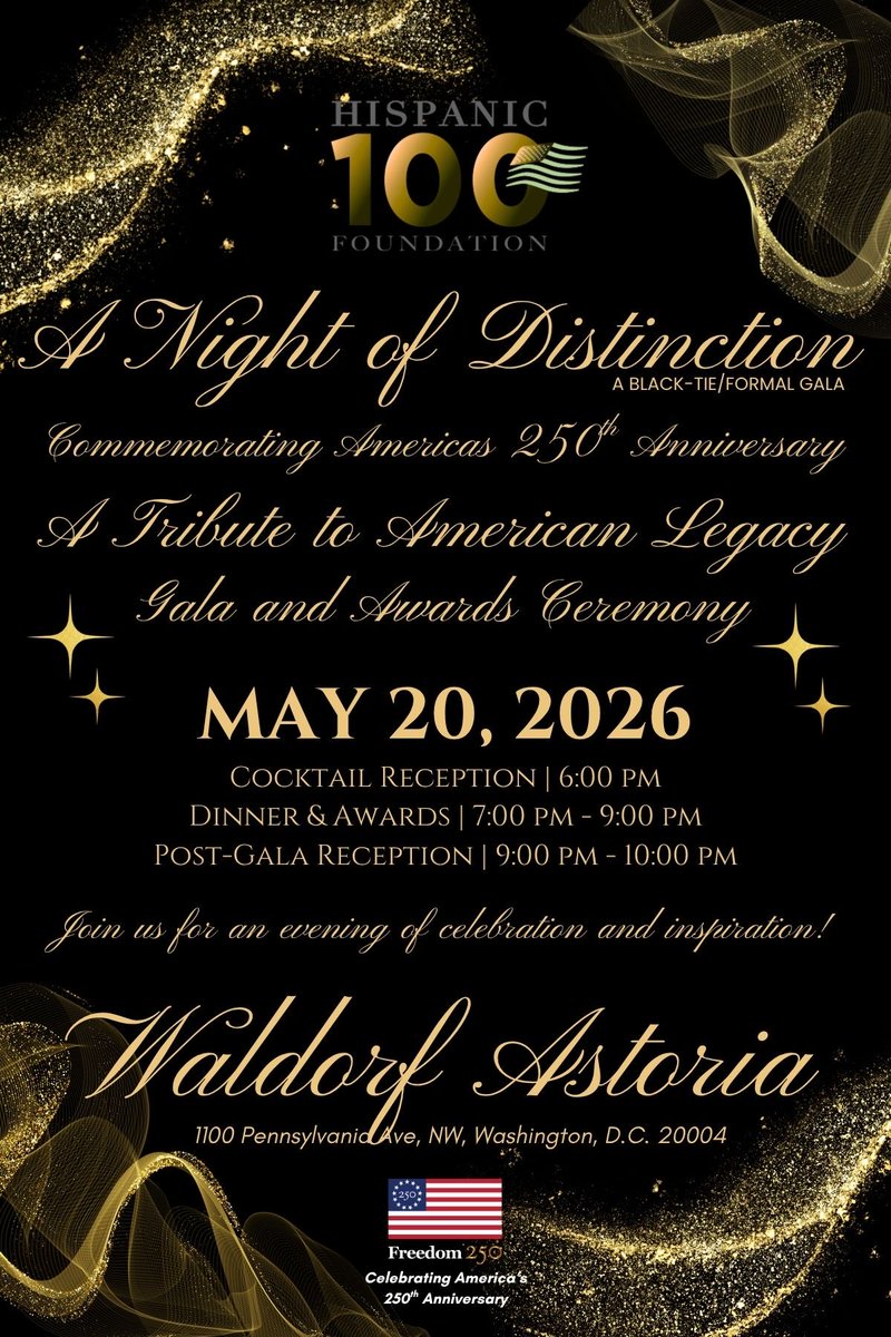 H100Foundation's tweet photo. A NIGHT OF DISTINCTION GALA

Waldorf Astoria, Washington, D.C.
Wednesday, May 20, 2026

Don't miss your chance to be part of something truly special!

We are gearing up for an unforgettable celebration of America's 250th Anniversary. https://t.co/4DhwEpCOTj