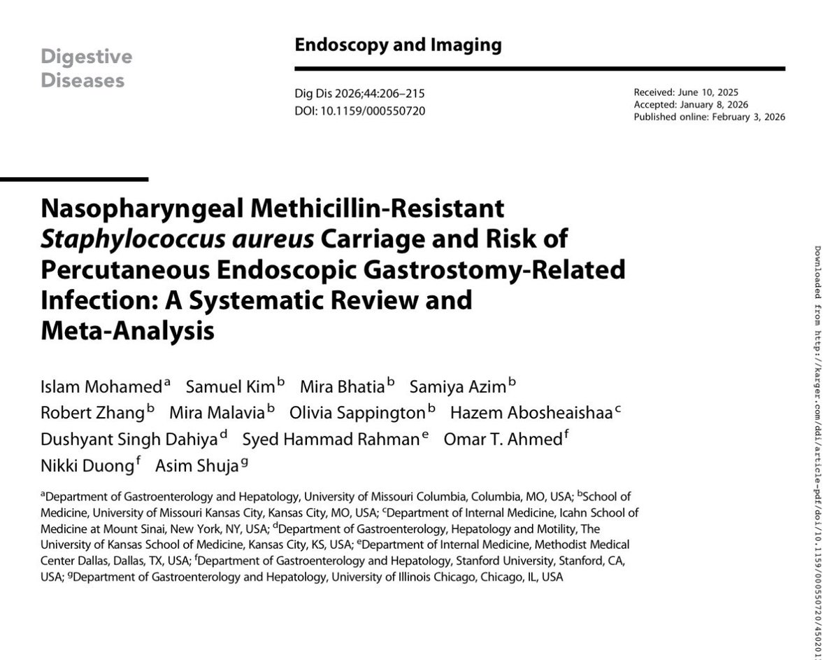 IslaamHMohamed's tweet photo. MRSA colonization is strongly associated with PEG-related peristomal infection 🦠

📊 Meta-analysis (5 studies, n=286) 🔺 OR 24.31 (95% CI 5.20–113.65), p<0.0001
👉 Consider MRSA screening &amp; targeted prophylaxis in high-risk PEG patients

https://t.co/c9YU2p2isH https://t.co/3PlXPtZxtv