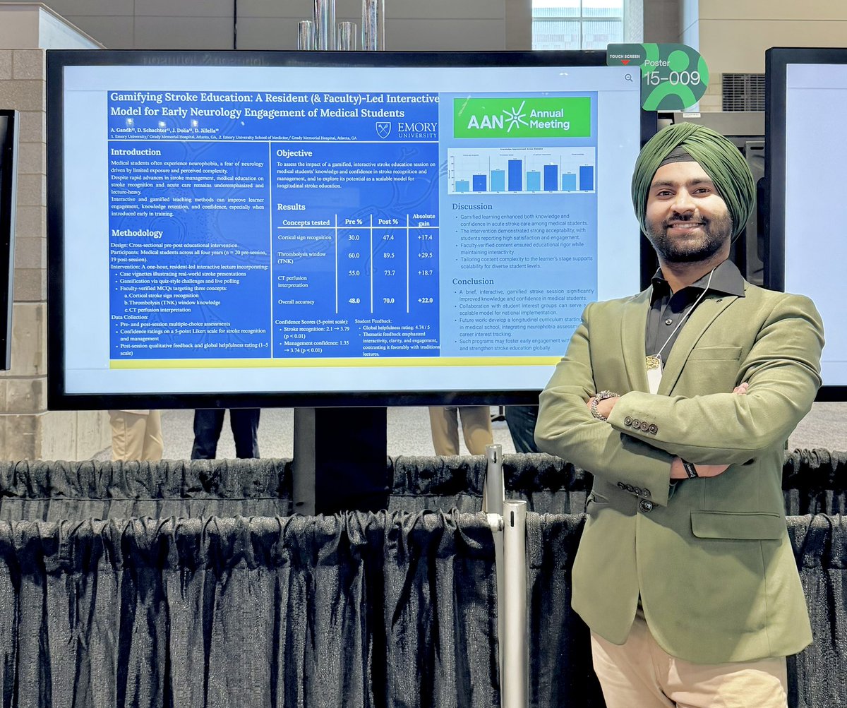 Dr_AviSingh's tweet photo. Gamifying Stroke Education 🧩 & Demystifying Neuro-phobia🤯:
Presenting our Pilot study/Poster at the AAN Annual Meeting 2026 @AANmember 🧠
Grateful for the most inspiring Mentors @DineshJillella @JayDoliaMD @EmoryNeurology
#AANAM #Chicago #Neurophobia #MedicallyMediocre https://t.co/Hmm4033Cmd