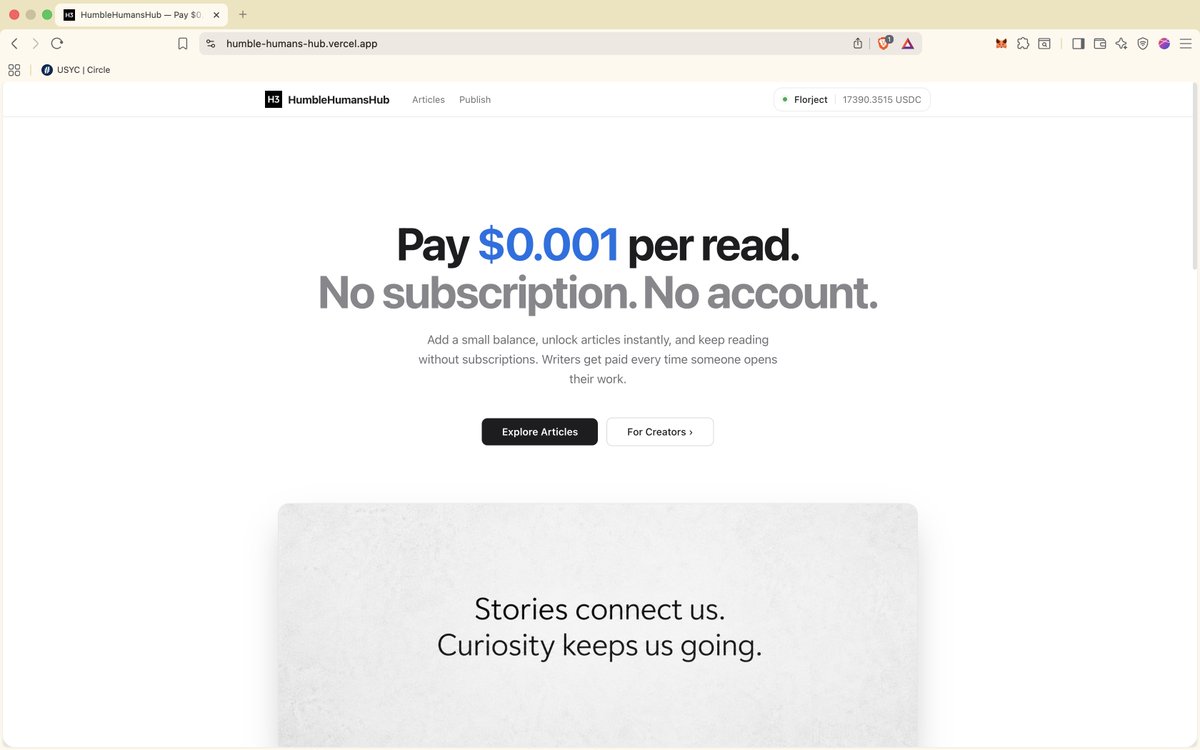 The subscription era is officially over. 

  Stoked to reveal <a href="/HumbleHumansHub/">HumbleHumansHub</a> , built in collab with my friend <a href="/howyyy111/">htetoo waiyan</a> ! We’re building the Economic OS for content:

- $0.001 nanopayments per article
- Idle balance earns 5% yield via <a href="/circle/">Circle</a> 's USYC
- AI agents that "buy"