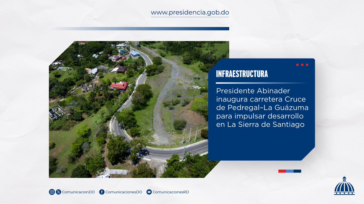 Comunicaciondo's tweet image. El presidente @LuisAbinader inauguró la carretera Cruce de Pedregal–La Guázuma (9.8 km) en San José de las Matas, impulsando la conectividad y el desarrollo de La Sierra de Santiago.

Más información 👉🏼 presidencia.gob.do/noticias/presi…

#Infraestructura  #ComunicacionesDO