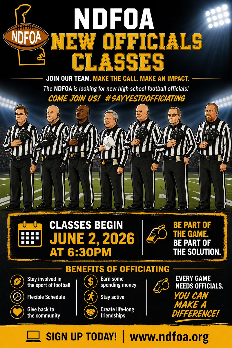 NDFOA_'s tweet photo. 🚨‼️ 2026 New Officials Class to begin on 6/2.  Sign up at https://t.co/q5jcH8oZ2h.  Email us at NDFOA.de@gmail.com with questions ‼️🚨 https://t.co/ukVBmAKFei