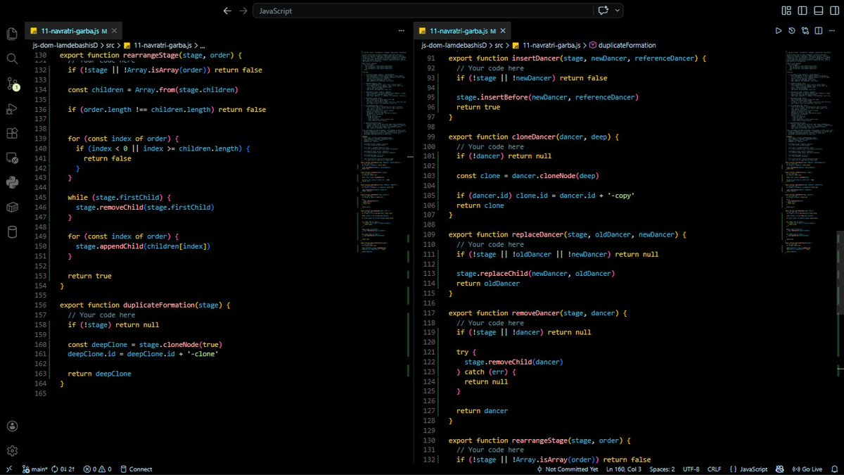 DebashisDa570's tweet image. Built a Navratri Garba stage manager with insertBefore, cloneNode, replaceChild, and removeChild.

Good DOM manipulation practice. 
Cheer's to the Github Assignments 🎉🎊
#JavaScript #DOM #WebDev #FrontendDevelopment #ChaiCode #ChaiCohort #Code #Tech