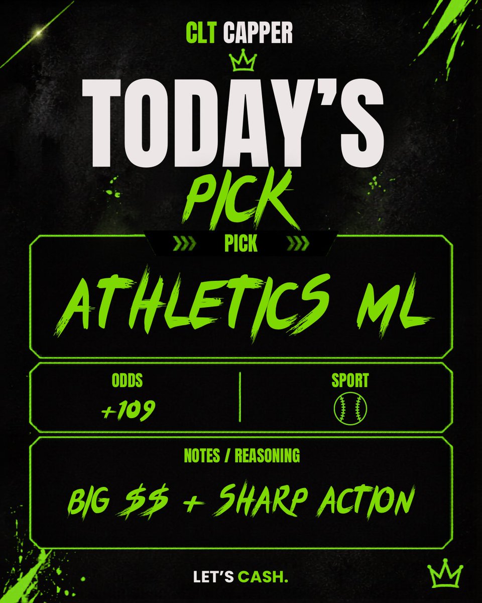 CLTcapper's tweet image. MLB Saturday Night 🌙

⚾️ Athletics ML (+109)

#freepicks