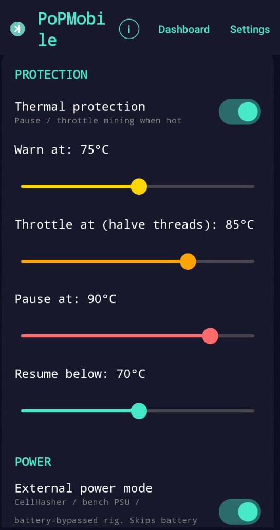 OverBuildLabs's tweet photo. 🚀 PoPMobile v1.1.0-rc1 is live — pairs with the PoPManager release we just dropped!

🌡️ Full thermal protection: configurable warn / throttle / pause thresholds with auto-resume after a 30s sustained cooldown
🔋 Battery cutoff + external-power mode for CellHasher / bench-PSU / battery-bypassed rigs
📱 QR-code pairing scanner built in — ready for the PoPManager codes
📡 mDNS auto-discovery finds PoPManager on your LAN — no manual IP entry
🔁 Pool auto-reconnect retries forever — bridge down for an hour? Comes back on its own
🛑 Single-press Stop actually stops mining (no more double-tap)
💰 Free & open source — always
⚠️ Release candidate — manual sideload only, the in-app updater skips pre-releases until we promote to v1.1.0 stable
⬇️ Download:
https://t.co/z5UNsmEeXG
🙏 Looking for testers — drop a comment with feedback or email support@proofofprints.com.