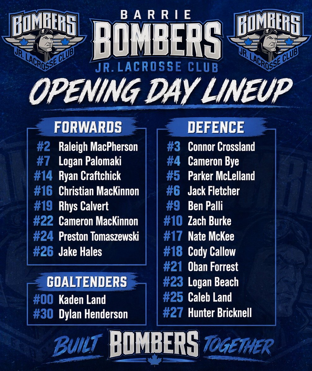 BombersJrLax's tweet image. 🚨 OPENING DAY LINEUP 🚨

This is the squad for tomorrow’s home opener. 

Built. Ready. Together. 💣

#Bombers #JrBLacrosse #OpeningDay