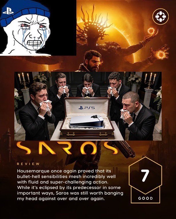 XboxJoker33's tweet image. #PlayStation must’ve forgotten to send the check this time, because even IGN couldn’t fake it and hit #Saros with a 7/10 . We all know PS games be getting crazy hype from paid PlayStation reviews, but this time the usual “masterpiece” script didn’t work. 💀🥀

#RESTINPISS