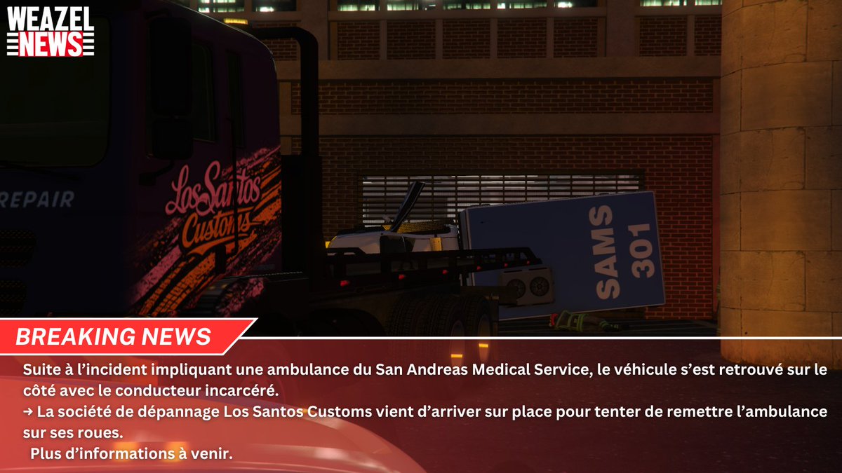 WZN_SA's tweet photo. 🚨UPDATE - BREAKING NEWS 🚨

#Accident #Choc #SAMS #LSFD #BCFD #LosSantos #WeazelNews #SanAndreas #SADoJ #SADoJRP https://t.co/DWApLtjfiS