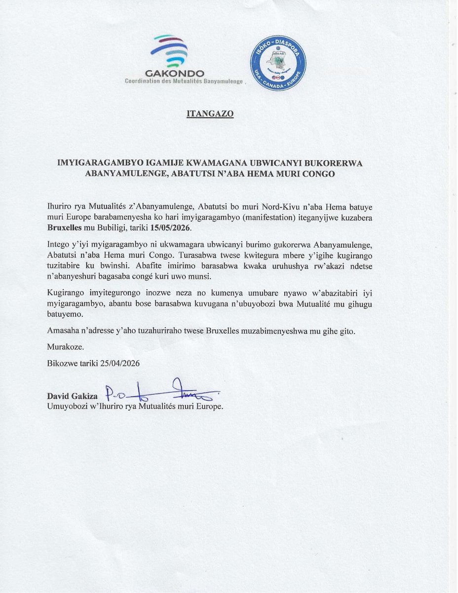 Abanyamulenge, Abatutsi n’Abahema batuye i Burayi, babarizwa muri #Gakondo na #IsookoEurope, bateguye urugendo rwo kwamagana ubwicanyi bukorerwa Abanyamulenge, Abatutsi n’Abahema mu Burasirazuba bwa Congo.
Abanyamuryango batuye hirya no hino i Burayi bakomeje kwiyandikisha no