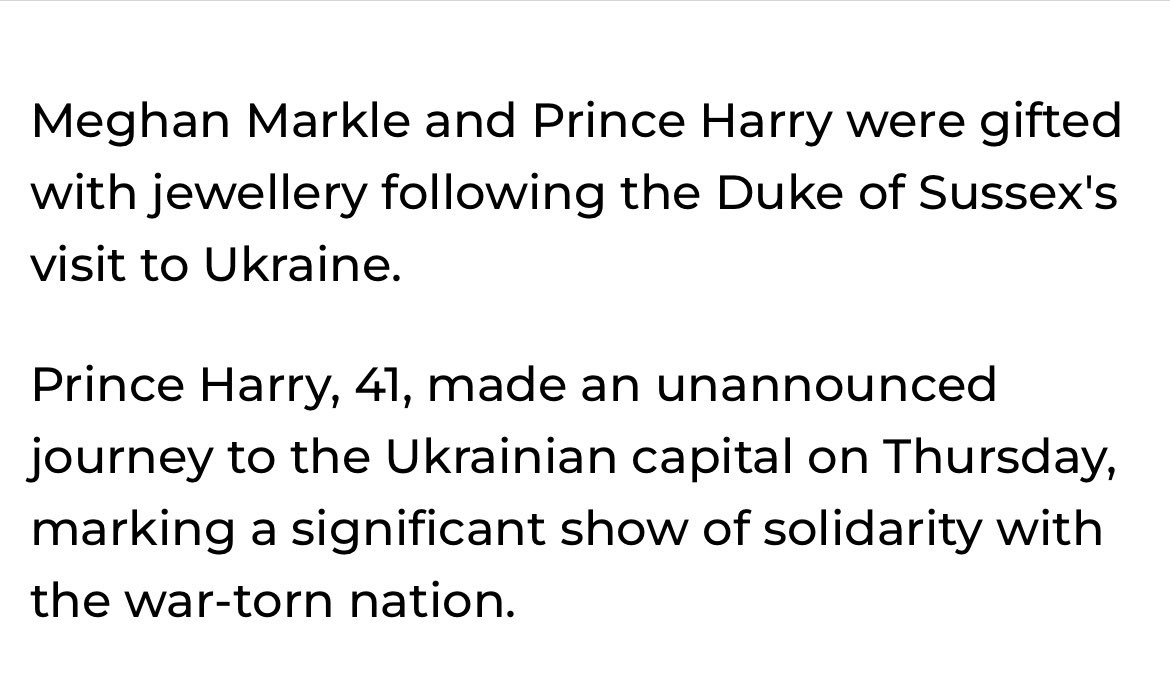 unreMARKLEble's tweet image. Wait-and they accepted gifted jewelry? From a war torn country? What kind of humanitarians are they? Isn’t the point of Humanitarianism giving without expectation of compensation? #HarryandMeghan accepting jewelry from Ukraine is definitely icky and gives the appearance of greedy