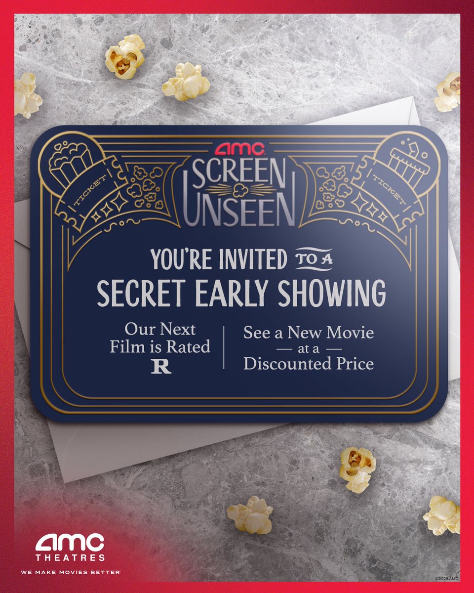 Watch never-before-seen films for less with AMC Screen Unseen. The movie will be unveiled at showtime. Join us on 4/27  for an R-Rated movie at AMC. Get tickets: bit.ly/4trre4c