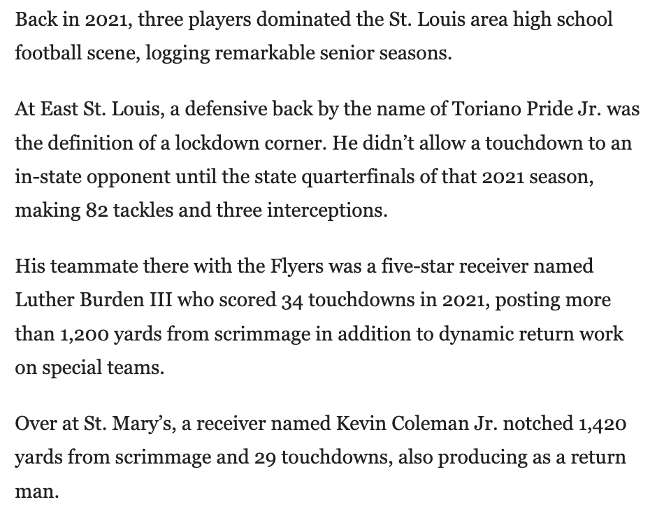 byEliHoff's tweet photo. In 2021, three players dominated the St. Louis high school football scene: Luther Burden III, Kevin Coleman Jr. and Toriano Pride Jr.

All three ended up at #Mizzou — in very different ways. And now, all three have been taken in the #NFL Draft.

Story:
https://t.co/CbaBiSV4Nf https://t.co/oW4h45cRaB