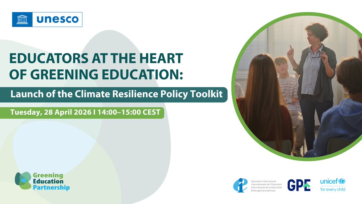 GPforEducation's tweet photo. Join online: Educators at the heart of Greening Education 🌿📚

As climate shocks increasingly disrupt education systems, learn about the support teachers need on the front lines of education systems, while safeguarding their well-being.

https://t.co/M93BoYjPtc https://t.co/UxwsoYONDi