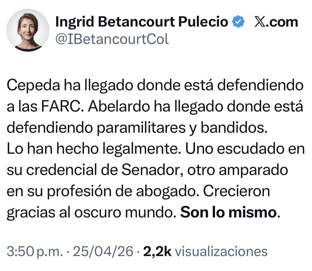 Esto que hace <a href="/IBetancourtCol/">Ingrid Betancourt Pulecio</a> es monumentalmente bruto y mezquino.

Un congresista elegido para legislar y ejercer control político no fue puesto allí para defender criminales. Un abogado penalista, en cambio, existe precisamente para defender acusados, esa es su función.