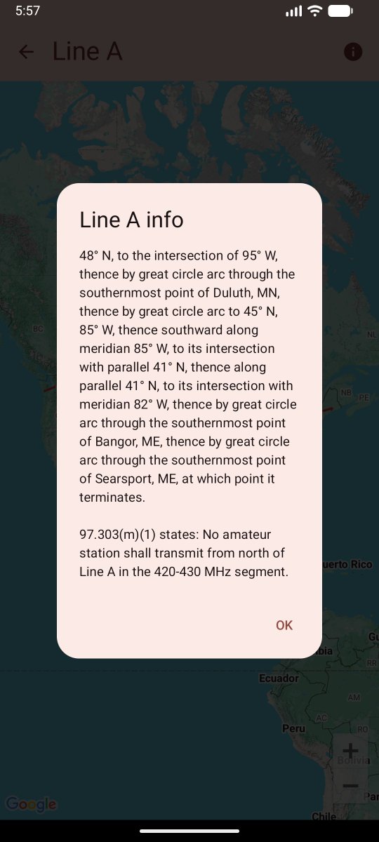 BioRustStudios's tweet photo. Something I have wanted to add to the band plan app was a restriction map. There are a handful of georelated restrictions in the #HamRadio rules (#Part97). Here is what the Line A (you cannot transmit between 420 and 430 MHz north of this line) restriction looks like mapped out. https://t.co/P5NbY9Dr42