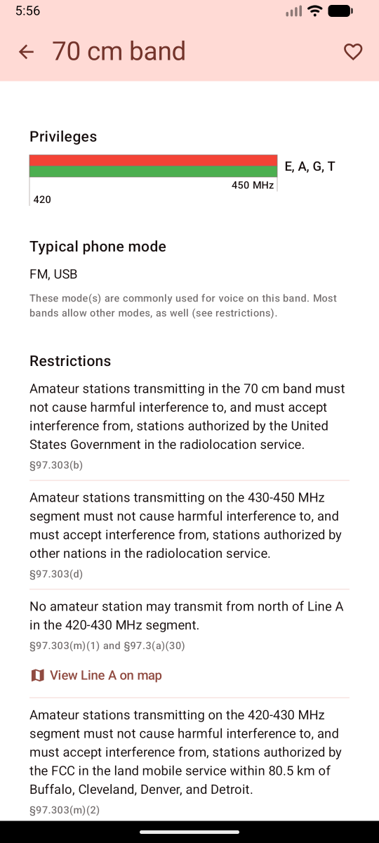 BioRustStudios's tweet photo. Something I have wanted to add to the band plan app was a restriction map. There are a handful of georelated restrictions in the #HamRadio rules (#Part97). Here is what the Line A (you cannot transmit between 420 and 430 MHz north of this line) restriction looks like mapped out. https://t.co/P5NbY9Dr42
