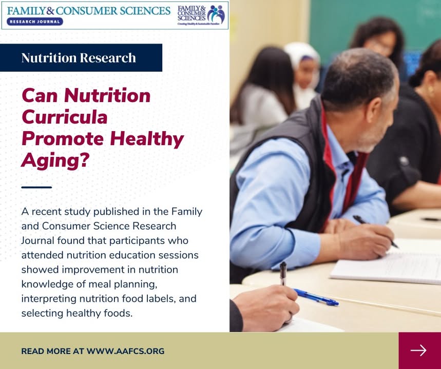 aafcs's tweet image. Can Nutrition Curricula Promote Healthy Aging?
Discover how tailored nutrition education can empower adults to make healthier food choices.

🔗 Learn More: bit.ly/3Y6lOxF

#HealthyAging #NutritionEducation #SubscribeNow #AAFCS #Research #Journal #FCS