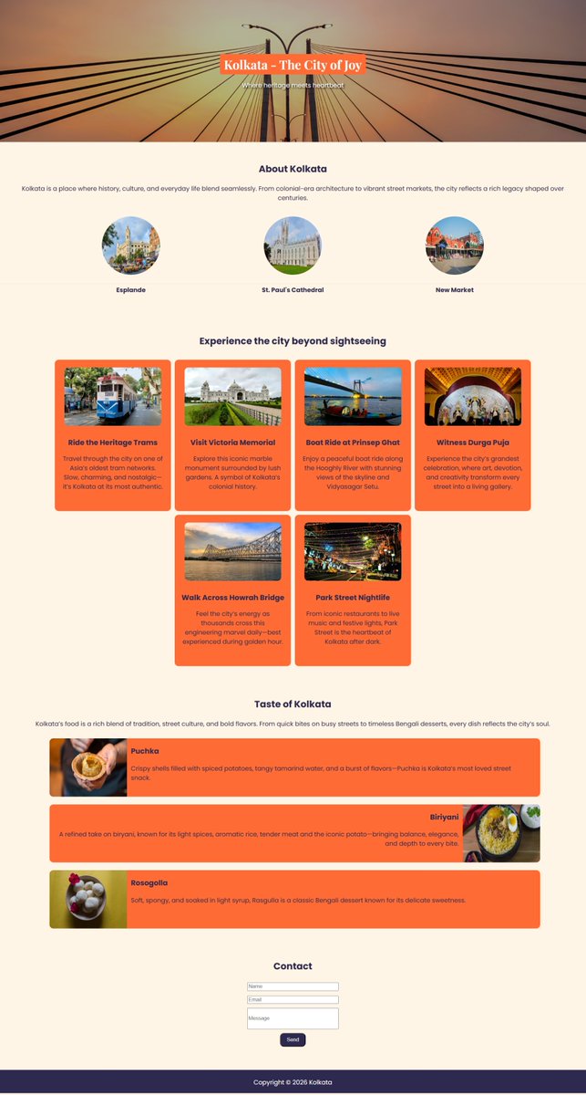 dips_stylish's tweet image. I completed #scrimba's "The Hometown Homepage" project taught by @perborgen 

my-hometown-kolkata.netlify.app

Stretch Goals:
My hometown Kolkata
Used different color palette
Added Google Font
Added whole new sections
Added hover effect

#html #css #coding