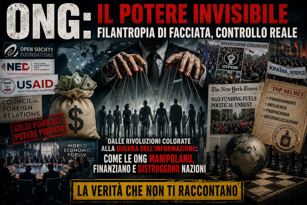 🚨 ONG: IL BRACCIO CIVILE DEL POTERE GLOBALE

Non sono quello che ti hanno raccontato.

Non sono solo “beneficenza”.
Non sono solo “diritti umani”.
👉 Sono strutture di influenza globale.

Dalla Guerra Fredda alle rivoluzioni colorate, passando per think tank, fondazioni e reti