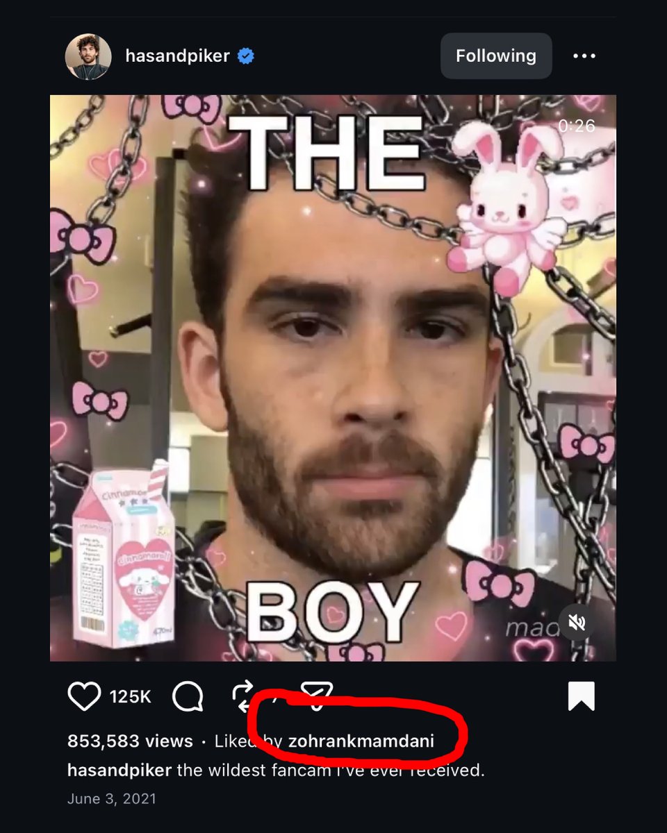 HasanabiProd's tweet photo. Fans discovered that Zohran Mamdani liked a Hasan fancam on Instagram from 2021 😭 https://t.co/WVQl2b38Sy