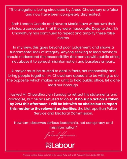 grayee's tweet photo. John's Labour blog: "Statement on the false claims by Areeq Chowdhury" https://t.co/lljPm44bHr @newham_labour https://t.co/bfpwn79BDa