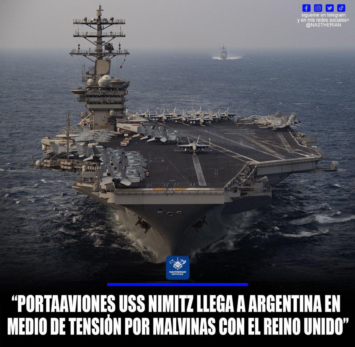 nastherian's tweet image. El portaaviones USS Nimitz llegó a aguas cercanas a Argentina para ejercicios navales PASSEX con la Armada argentina, en medio de la creciente retórica política sobre las Islas Malvinas y la relación con el Reino Unido. #Argentina #EEUU #Malvinas