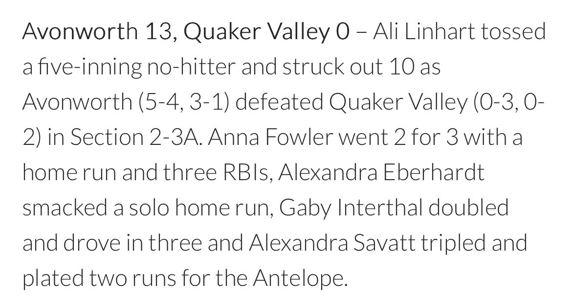AlexandraE77's tweet photo. I hit my first homerun of varsity season at our game vs Quaker Valley on 4/9 on Strikeout Cancer Night! I’m so grateful for this team, having the ability to raise money for a good cause, and honoring my best friends mom! Our team played all around amazing together. https://t.co/qyZYhi8Gmv