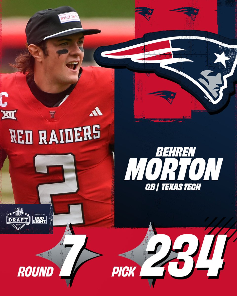 With the No. 234 overall pick in the 2026 @NFLDraft, the @Patriots select  Behren Morton. NFL Draft on NFLN/ESPN/ABC Stream on @NFLPlus