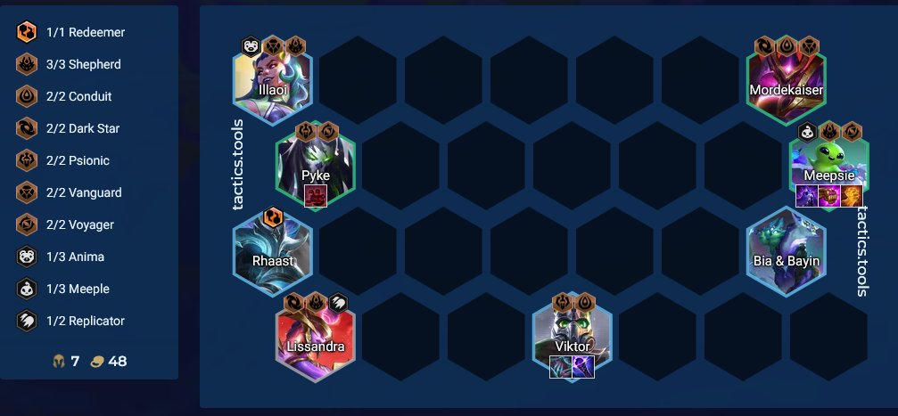 demacianraptor's tweet photo. 💥The Big Bang is BROKEN 💥
prioritize BiS meepsie and itemize either pyke or viktor as duo carry. illaoi tank. Meeple on Meepsie doesnt do much (buffs her passive auto attack damage) so not mandatory, can play poppy rammus over rhaast on 8 but i believe its not that important. https://t.co/Ny4URuY4jp