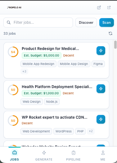 PropeloAI's tweet photo. We didn't build another tab you have to remember to open. The Propelo Chrome extension lives INSIDE Upwork.

See a job → see your score → generate your proposal.

Never leave the page. https://t.co/Su5MVN47NY 

#Freelance #Upwork #UpworkProposals #PropeloAI #AITools https://t.co/ugImBDPXPX