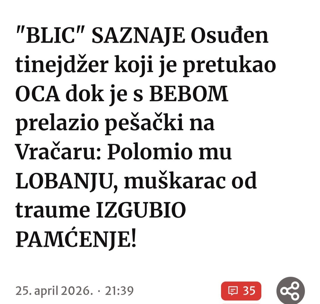 Kako nezvanično saznaje "Blic", L.T. je osuđen na godinu dana kućnog zatvora, jer je Draganu R. naneo teške telesne povrede, nakon kojih je on bio stavljen u veštačku komu, a mesecima nakon toga, od posledica traume koje je pretrpeo, nije se sećao ničega

I to sud, alooo idioti