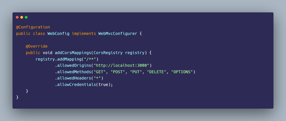 mario_casari's tweet image. 🚀 Spring Boot: You can handle CORS globally with a WebMvcConfigurer 

✅CORS is the mechanism that allows a web application on one domain (origin) to access resources from a different domain.
#SpringBoot #SoftwareDevelopment