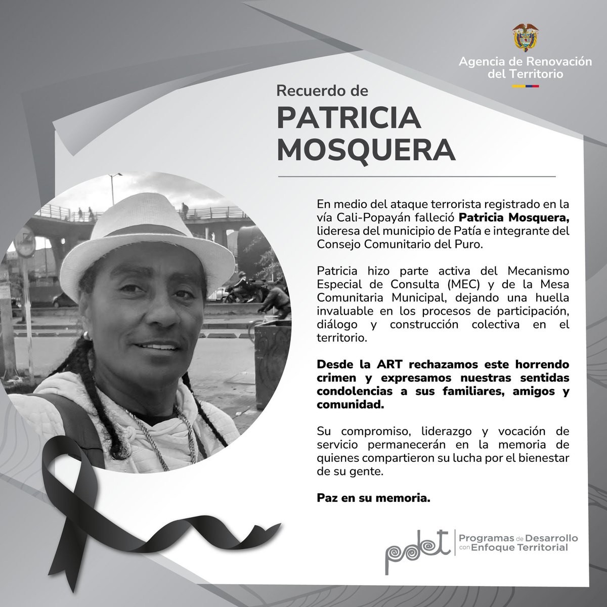 FunSumapaz's tweet photo. Nos unimos a las voces de rechazo contra el atentado con explosivos perpetrado contra población civil en la vía Cali-Popayán.
En el mismo ataque murió Patricia Mosquera, lideresa del municipio de Patía e integrante del Consejo Comunitario del Puro. #TotalRepudio https://t.co/9ifPhUqi1s