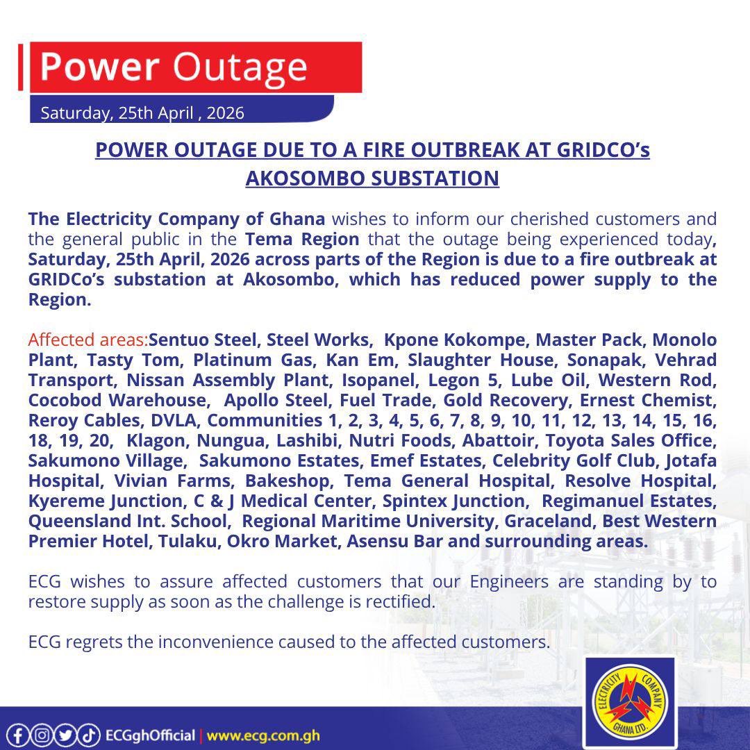 Knustcampus's tweet photo. 🚨BREAKING:

A fire outbreak at a substation operated by the Ghana Grid Company in Akosombo has left several parts of the country without electricity. https://t.co/hSGmQ623nE
