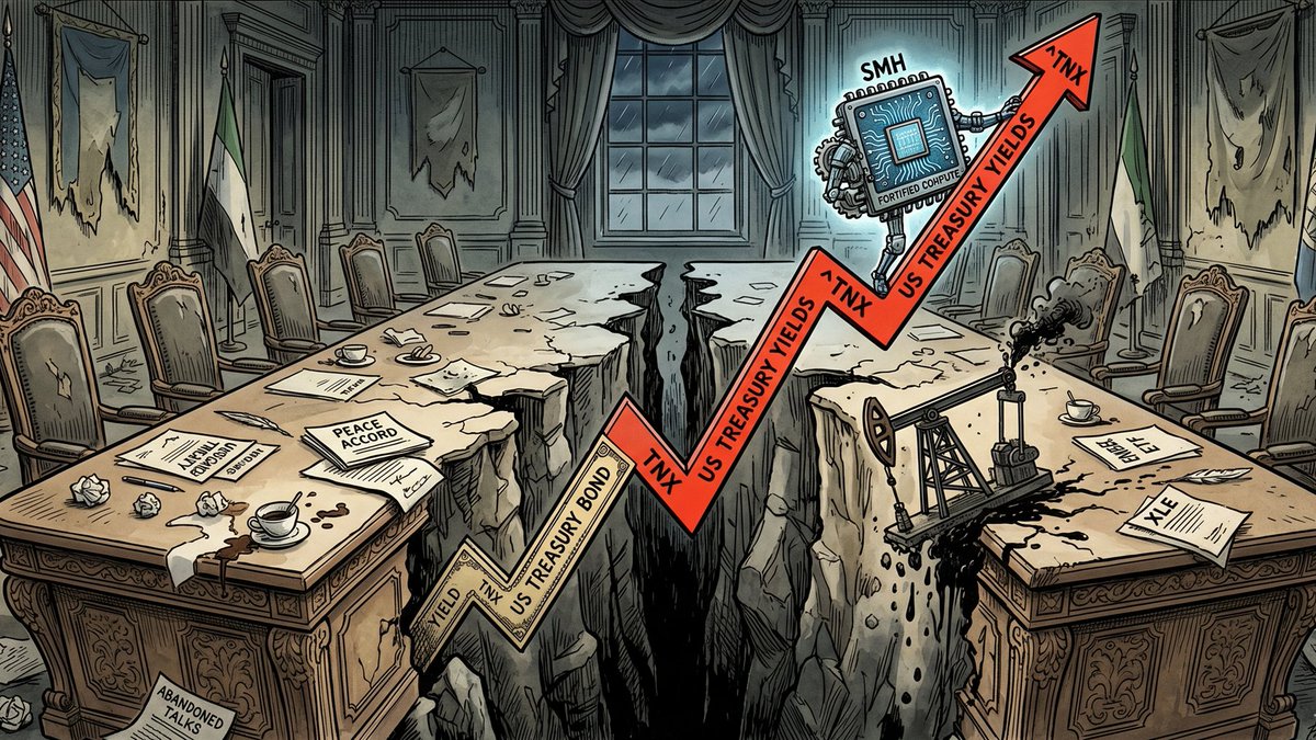 complete_intel's tweet photo. CI Weekly Outlook (Kinetic Reality 🌍💥)

The collapse of peace talks has erased the diplomatic off-ramp. Markets expect intense conflict &amp; sticky inflation.
📈 TNX 🔼 (War-Inflation Premium)
💾 SMH 🔼 (Tech Haven)
🛢️ XLE 🔽 (Demand Destruction)
Read it: https://t.co/ESEsjXW0G5 https://t.co/VjoOuqqT0s