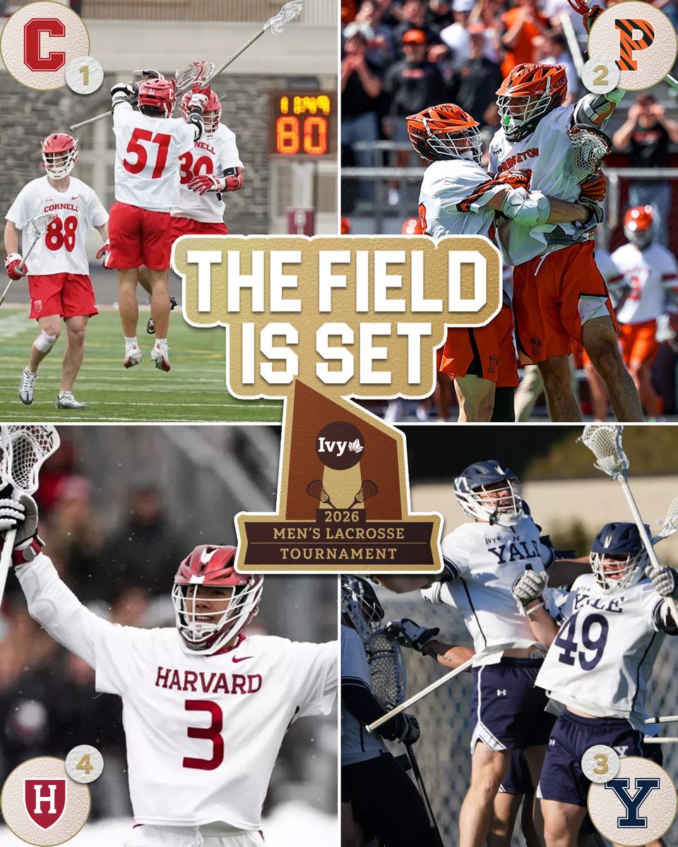 IvyLeague's tweet photo. THE FIELD IS SET.

The bracket is set, with FOUR (‼️) top-10 teams ready to compete for the 2026 Ivy League men’s lacrosse tournament title. The tournament will be held May 1 & 3 at Schoellkopf Field in Ithaca, N.Y. 🌿🥍

1⃣ @CornellLacrosse
2⃣ @TigerLacrosse
3⃣ @YaleLacrosse
4⃣ @HarvardMLax