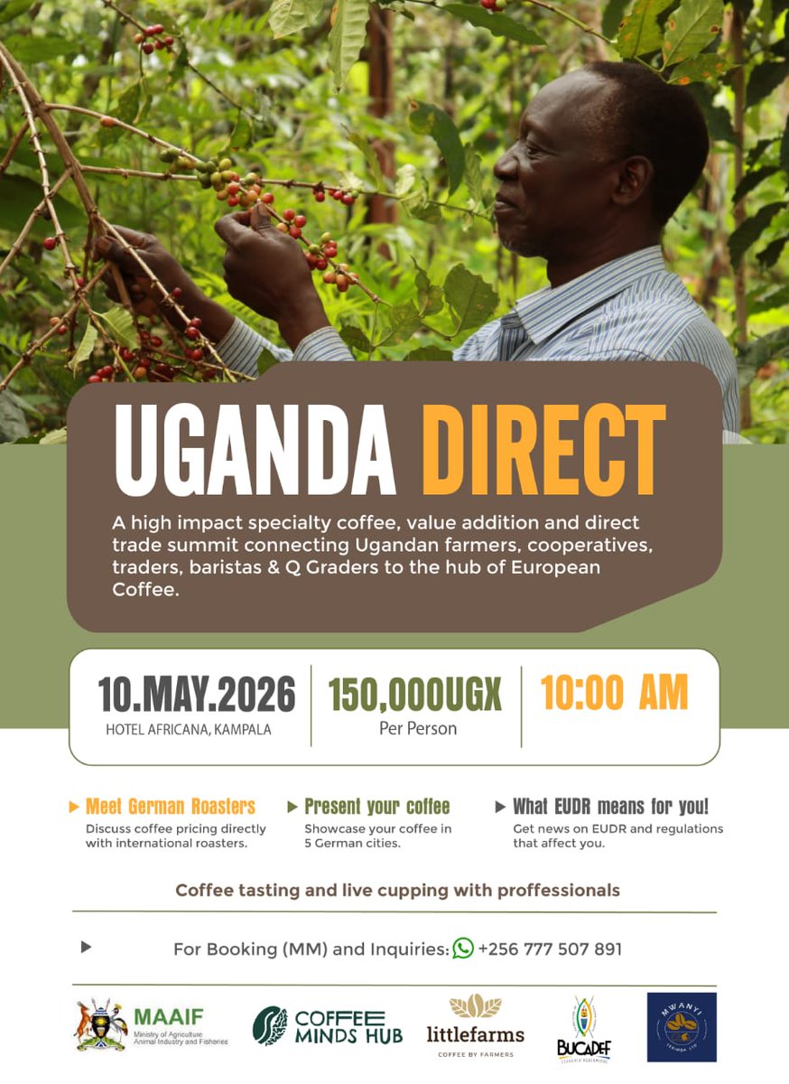 lifedrillUg's tweet image. Coffee farmers &amp;amp; agribusiness leaders 

 Uganda Direct is your chance to engage in direct dialogue with German buyers &amp;amp; roasters, understand export markets and position your coffee for greater value.

Show up. Speak up. Grow bigger. 
 #CoffeeUganda #Agribusiness @rkabushenga