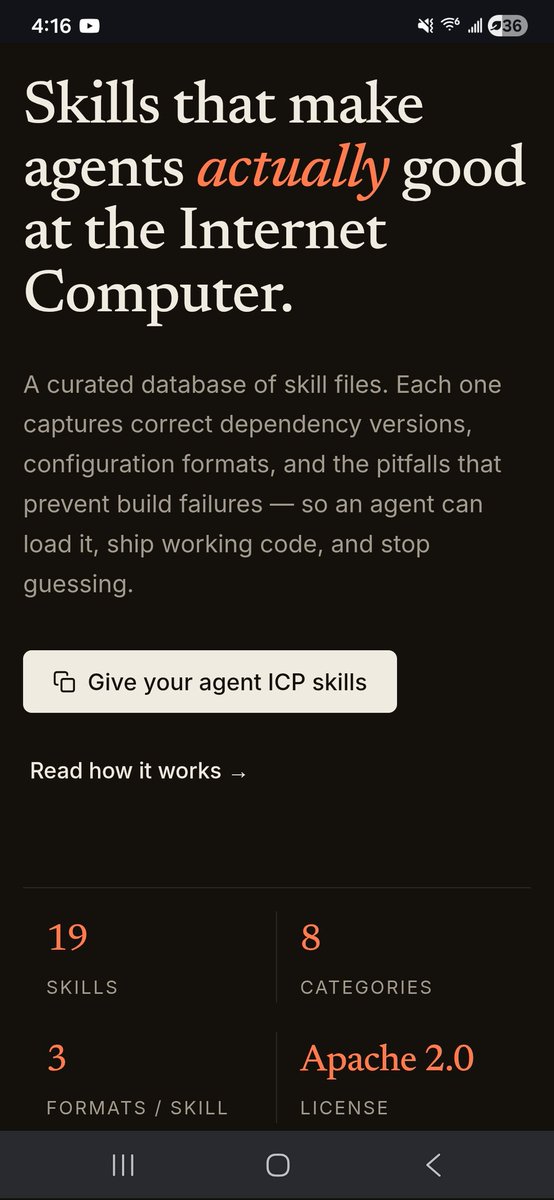 bitcoinr3negade's tweet image. Agents can choose from 19 skills in 8 different categories to learn #ICP skills.

If you can dream it you can build it. 

Need a project starter use @caffeineai commit to github and take over with Claude and teach it Internet Computer skills!