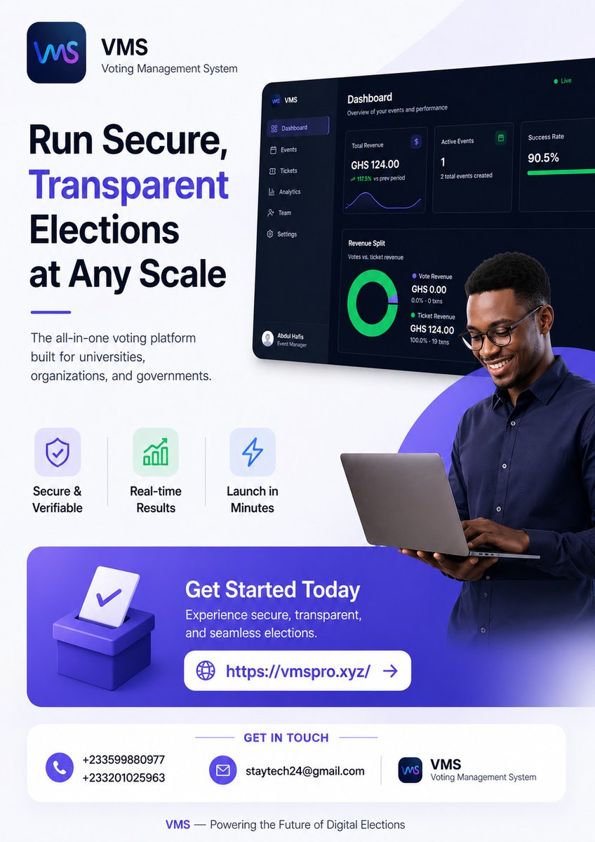 pious_tech57233's tweet photo. Still running elections manually? 🤔

Switch to VMS
✅ Secure
✅ Real-time results
✅ Setup in minutes

Try it 👉 https://t.co/BrQaxQTYFU

#Startup #SaaS #Tech #AfricaTech https://t.co/w4nO8H4qOg