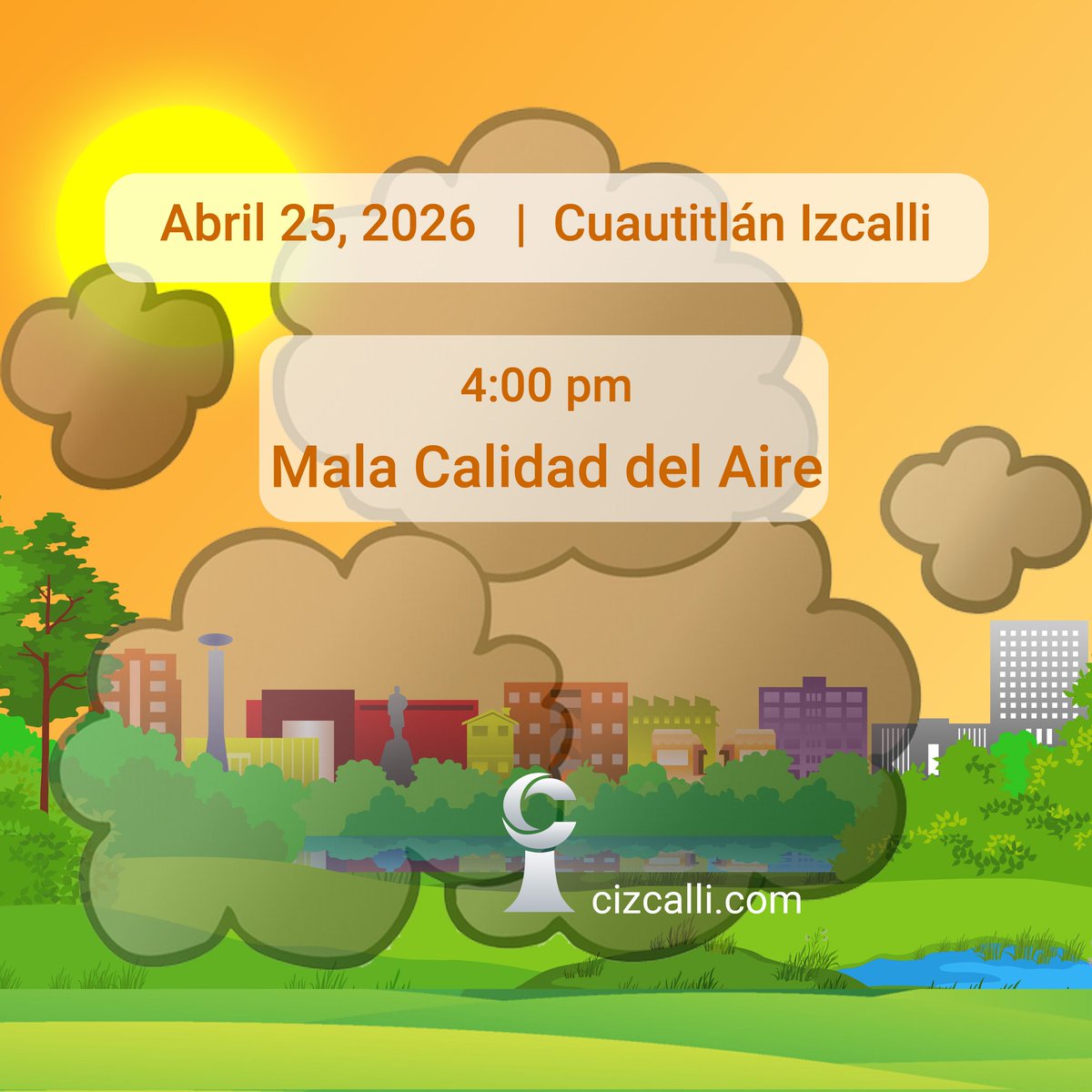 izcallicom's tweet image. Abr 25, 2026 | 4:00 pm | Cuautitlán Izcalli | Continúa MALA la calidad del AIRE con riesgo ALTO para la salud, informa la Comisión Ambiental.
▫️Evita realizar actividades vigorozas a aire libre 
▫️ Protege a niños y adultos mayores 
#Izcalli #Contaminacion #Aire