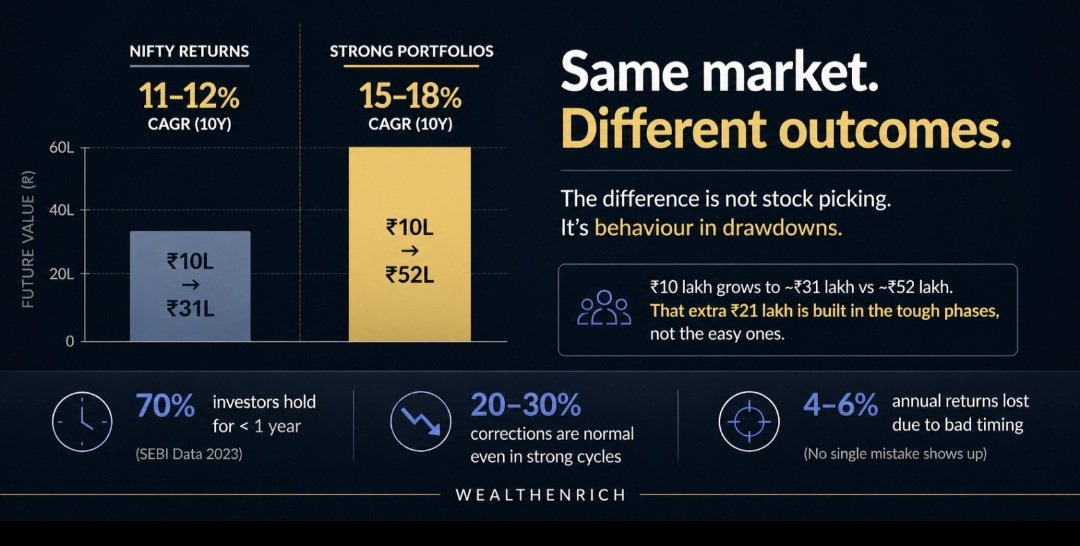 WealthEnrich's tweet photo. We are all aware that bull markets helps to hides our mistakes very easily. 
In the last 3 yrs more than 400 small & midcap stocks in India delivered over 100% returns, but plenty of investors still felt they missed the whole show.
Maybe you have seen this yourself too. You sell a stock after it goes up 15% and pat yourself on the back only for it to double later. Or you keep averaging down because it looks cheap and then watch it drop 30 or 40%. After a while you realise the market is not the problem at all. 'Your own calls are' !

Over the last 10 years the Nifty has given around 12% CAGR while good portfolios have done 15 to 18%. Ten lakh rupees becomes roughly 31 lakh on the Nifty path and 52 lakh on the better path. That 21 lakh gap is more than just about picking better stocks. It is about how you behaved when things got ugly, sometimes very ugly. its also about how brave and agressive you were whenever a unique buying dip emerged. 

SEBI data from 2023 says close to 70% of investors hold stocks for less than a year. At the same time 20 to 30% declines are normal even in strong bull runs. That is exactly when most people sell and very often the same stocks climb much higher once the cycle turns.

I beleive this is how the scene plays out in reality : 
• Sell at a 15% loss buy back higher and you are already behind  
• Repeat that two or three times across a year and returns quietly slip away  
• Stay through the full cycle & the outcome looks completely different.
I have seen this in my own stock portfolio in the last few years.
Cholamandalam had a long dull phase then steady compounding that made people wonder why they ever left.
ABB had a strong run, then a sharp correction & then the next leg that rewarded really big.
TD Power had long stretches of nothing then sudden moves, big rerating.
Laurus fell hard after the rally. It took time to rebuild but the business never stopped delivering.

Nothing moves in a straight line & that is exactly where most people lose patience. Stock returns are never linear, they come in bursts.

In the end it is never 1 or 2 big mistakes that destroy your returns. It is a bunch of small decisions that make your portfolio outshine over 3 or 4 yrs. You switch because something else looks better. You exit because the price makes you uncomfortable. You get back into a story after it has already run up & with such activity the compounding you should have got get disturbed. 

The hardest part is that most of the time your original idea was not even wrong. The business was fine & the longterm story was always intact. If you had just stayed for another 2 or 3 quarters you would have seen exactly what you expected.

But you had already moved on to something that looked more promising and the same cycle started again. Sadly this is what the market keeps teaching every single cycle. Most people see it but they just do not stay with it long enough to see it work!

✔️ Markets teach: patience compounds winners !