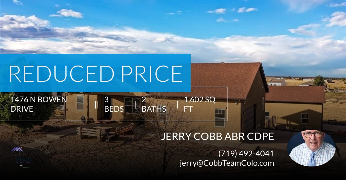 jerrysays's tweet photo. 📍 Reduced Price 📍 This recently reduced home at 1476 N Bowen Drive in Pueblo West won't last long, so, don't wait to set up a showing! Reach out here or at (719) 492-4041 for more information!

Jerry Cobb
Realtor
ERA Shiel... https://t.co/xc2wgX5gHb https://t.co/7U9KiHUSjP