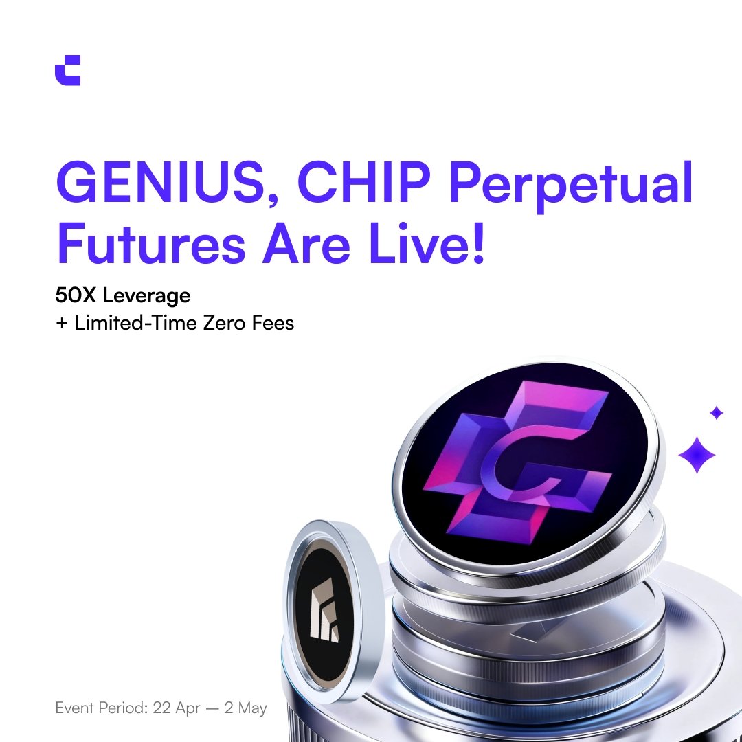 Joefed17's tweet photo. New Listing $GENIUS &amp; $CHIP Perpetual Futures on #coinw

🔸 Trading live: Innovation Zone
🔥 50X leverage + 10 days zero fees + share 50,000 USDT rewards

Join now: https://t.co/WHrzFF9vS8
@CoinWOfficial https://t.co/oUAvPKX9cc