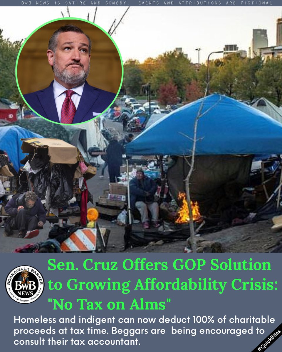 ScoopFetcher's tweet image. "No Tax on Alms" proposed by Sen. Ted Cruz to solve homelessness, poverty.
#satire  #homelessness  #TaxStrategy